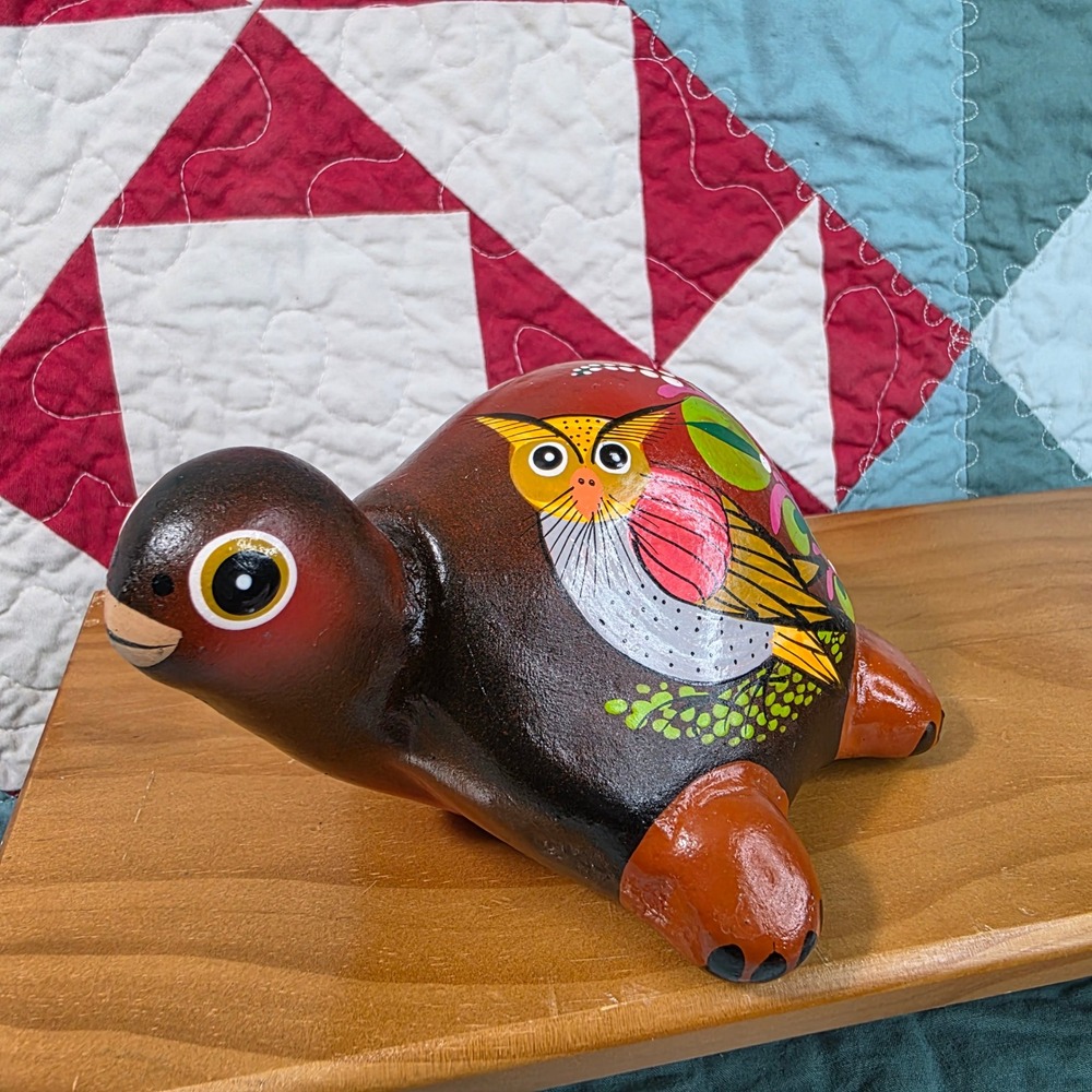 Tonala Folk Art Turtle Figurine Small Brown Hand Painted Owl Floral Mexico